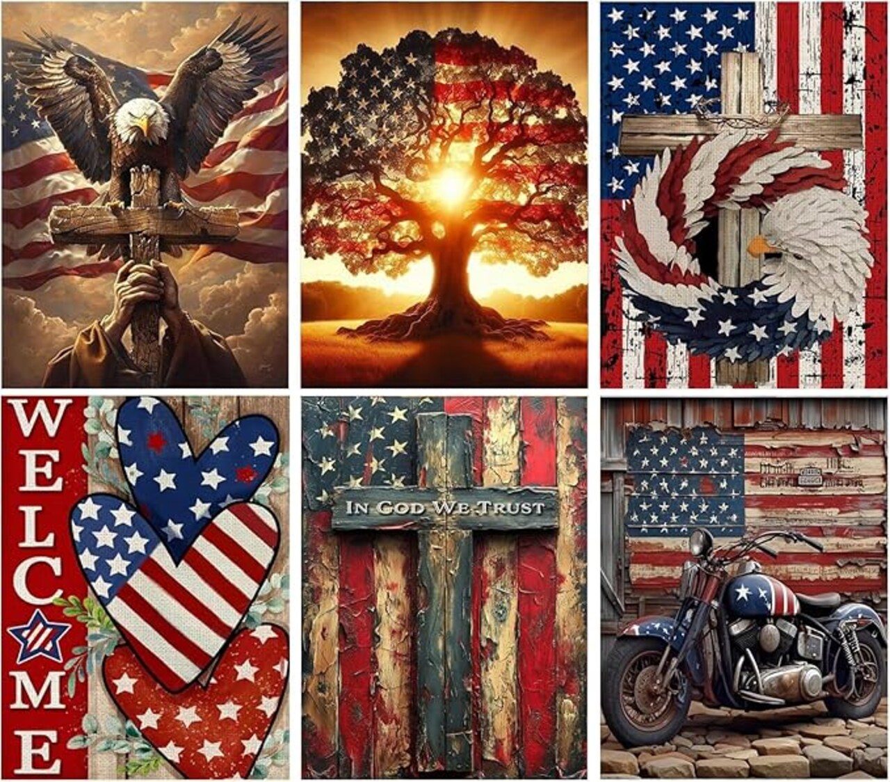6 Packs Patriotic Diamond Art Kits for Adults,4th of July Diamond Painting Kit,5D DIY Independence Day Diamond Dots Gem Art for Adults Home Wall Decor 12x16inch
